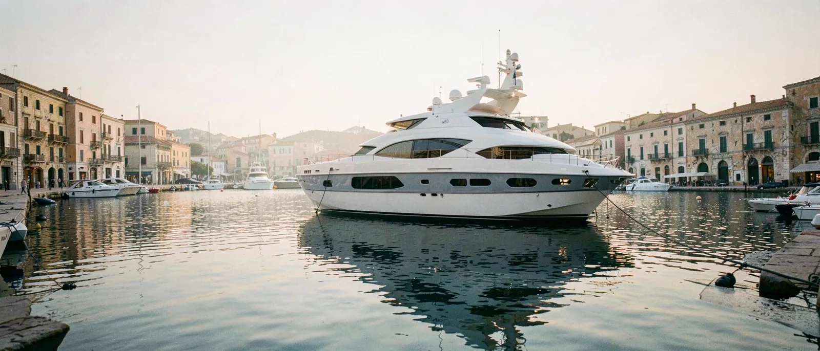 Motor yacht at anchor in a Mediterranean harbour