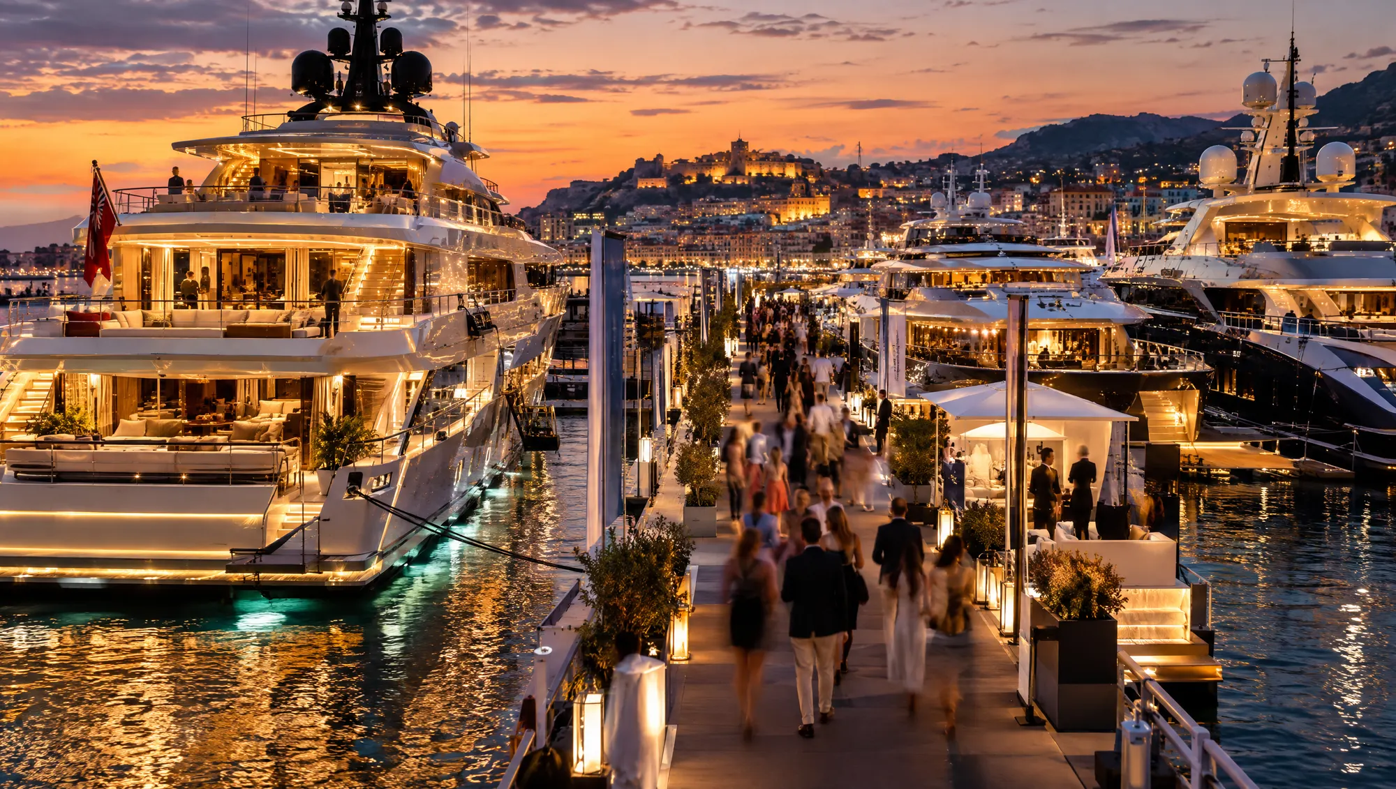 Boat show pontoons lined with superyachts at dusk