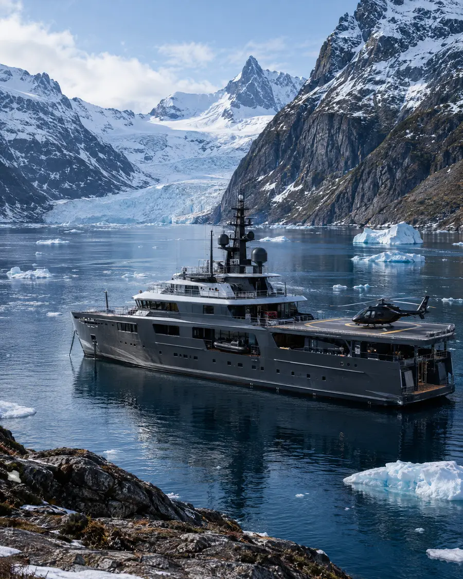 Explorer yacht at anchor in an icy fjord