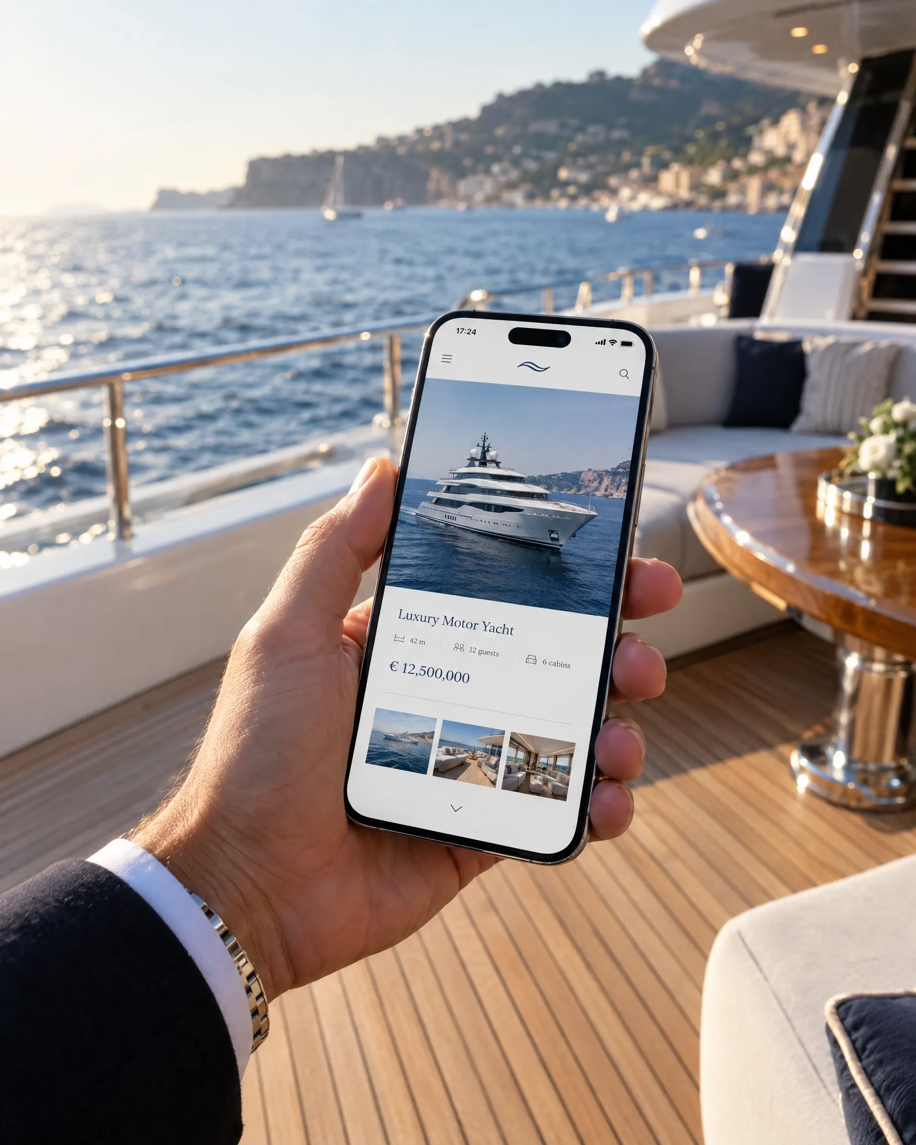 A broker holding a phone with a yacht website on the aft deck